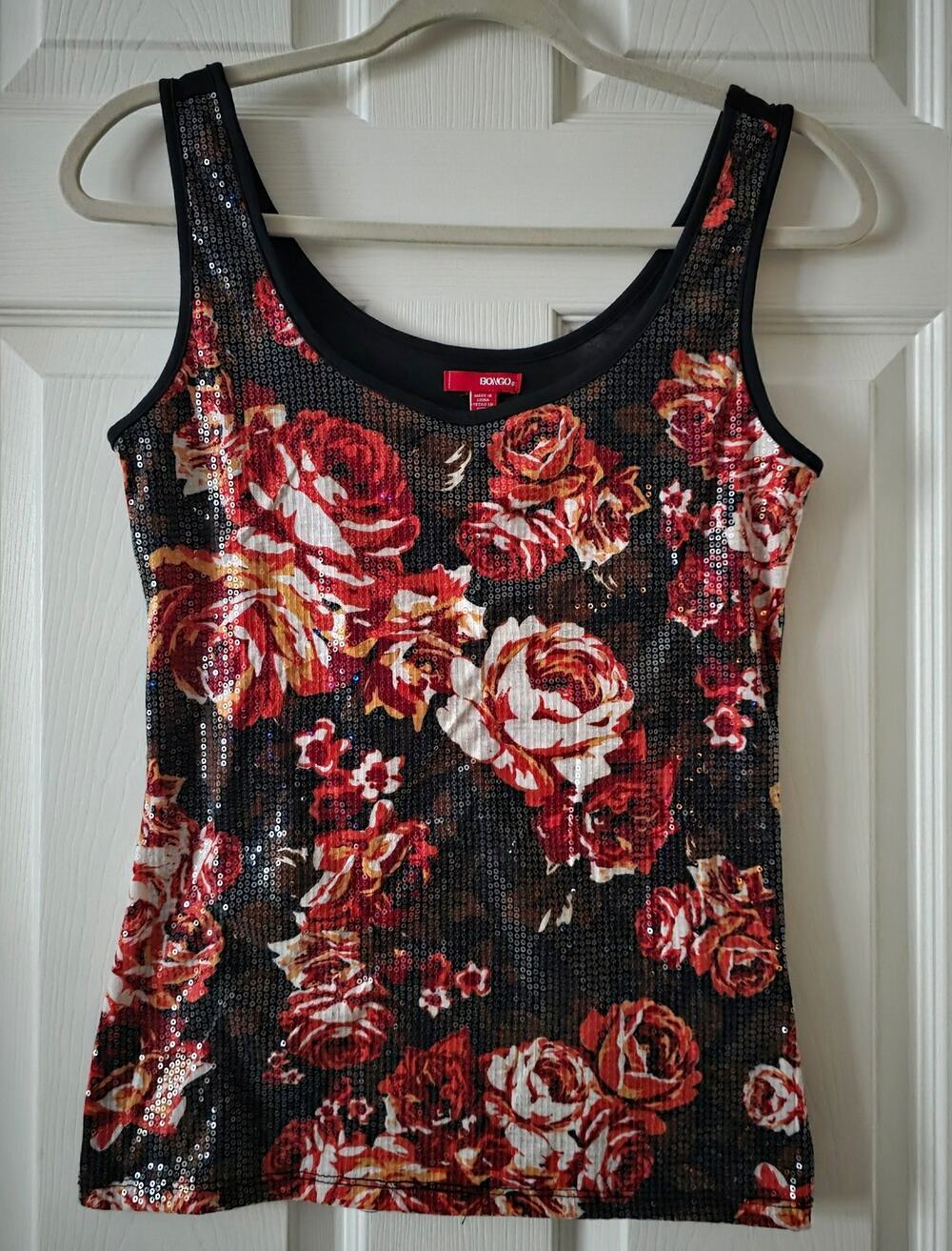Bongo Black & Rose Floral Sequin Pattern Tank Top Women's Size Medium